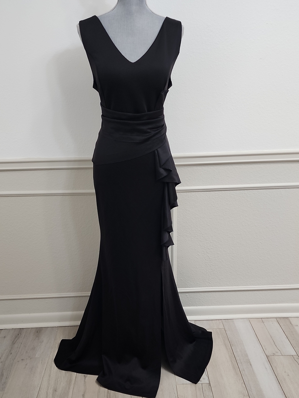 SHEIN Black V-Neck Ruffle Waist Formal Maxi Dress Gown Size 0XL